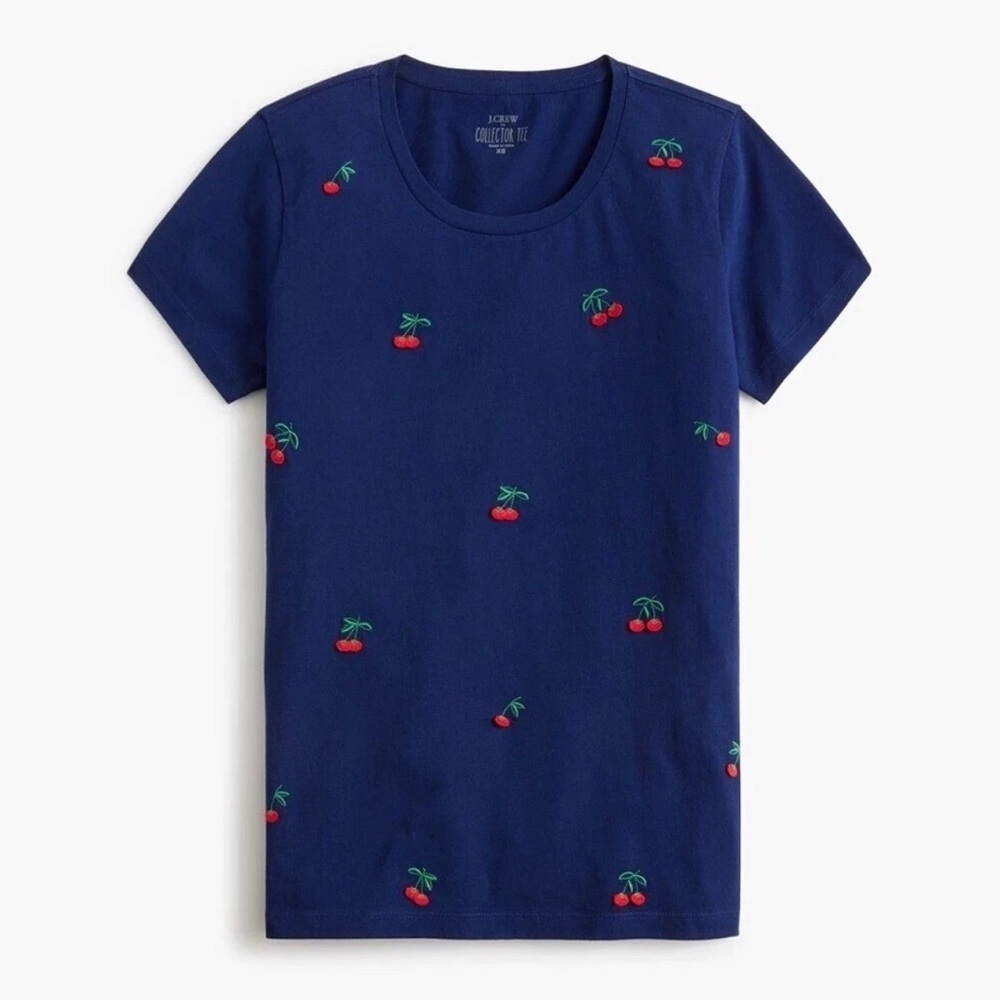 J CREW Women’s Large Red Cherries Collector Tee 100% Cotton Shirt Navy Blue